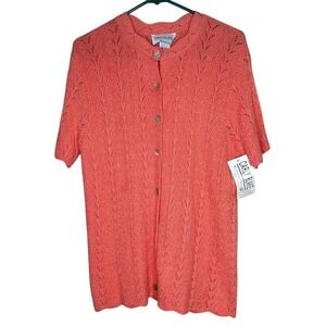 Carly Blake Vintage Coral Pink Pointelle Knit Short Sleeve Cardigan Sweater USA